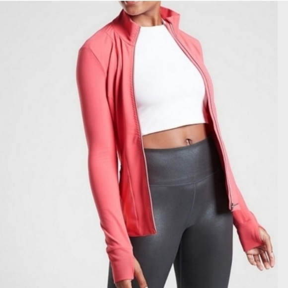 Athleta Shanti Coral Pink Ribbed Powervita Zip Up Jacket - Picture 2 of 10